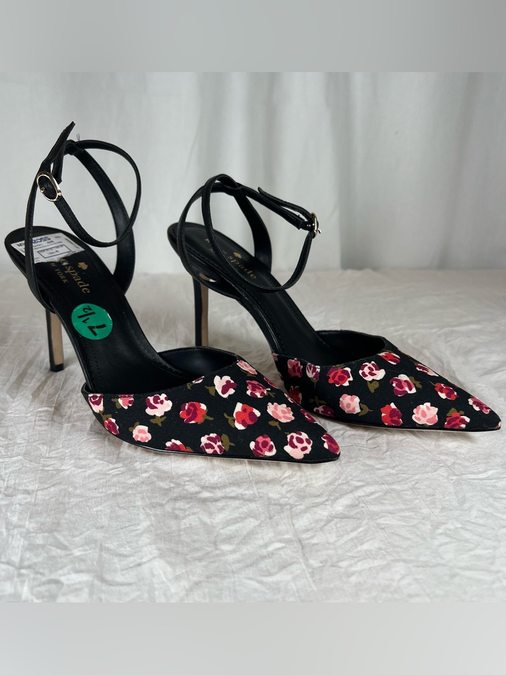 Kate Spade 7.5 Black Floral Pointed Toe Ankle-Strap Heels with Pink&Red Flowers